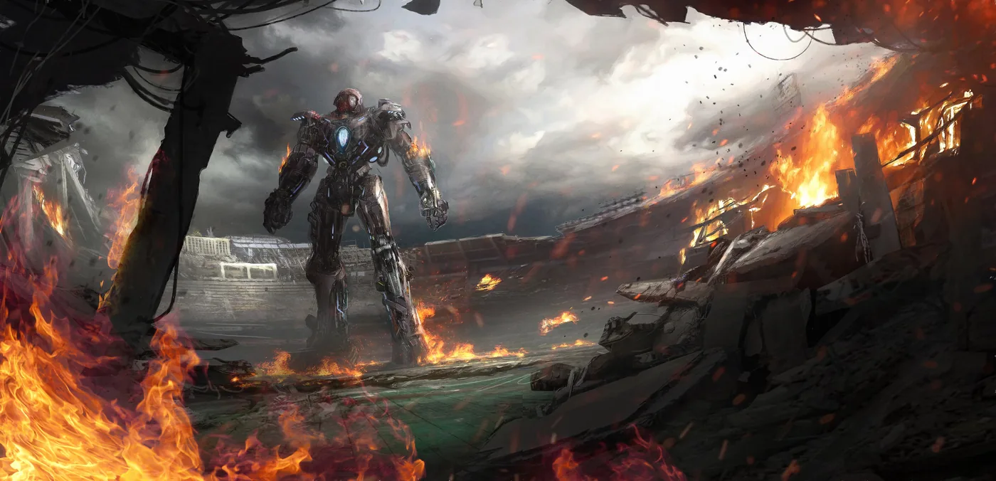 Robot figure in a burning futuristic city