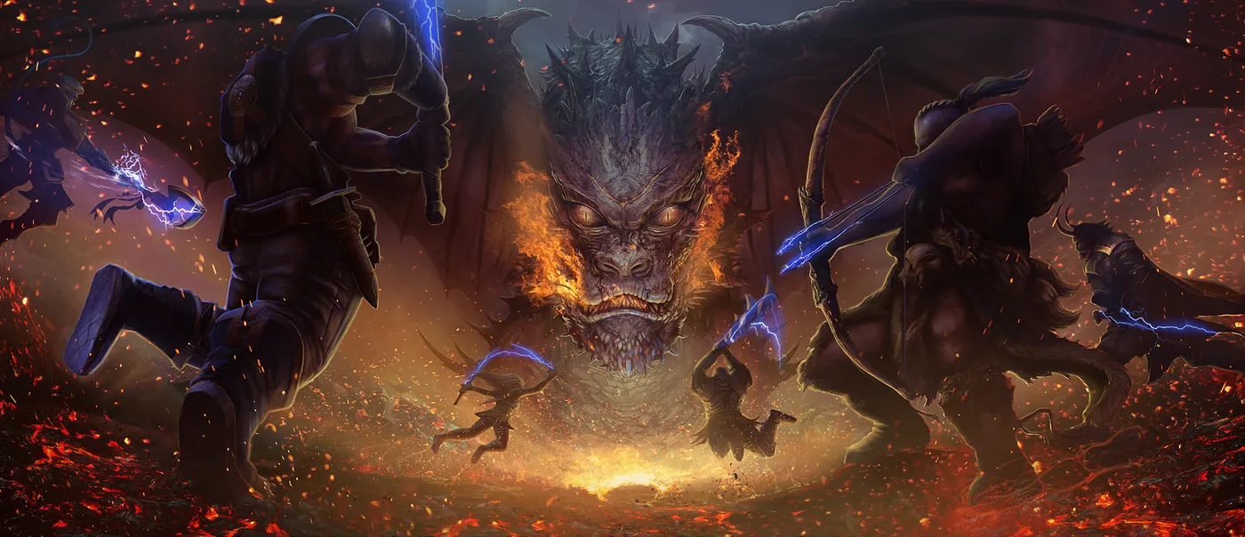 Fantasy scene with a dragon and fire