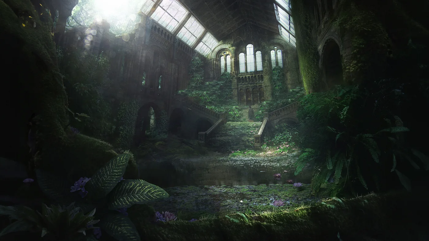 Overgrown architectural interior with dramatic light